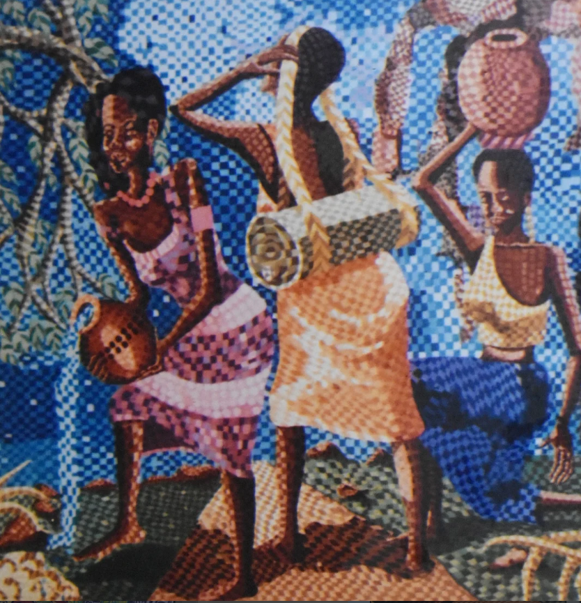 Figurative scene of women carrying pots and bundles against a blue dotted background.