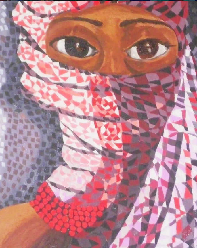 Close portrait of expressive eyes framed by patterned red and pink fabric.